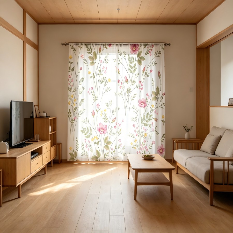 Home Decor Yellow - 2枚組 デジタルプリント シアーカーテン、ピンクと黄色の小花柄 パステルカラー ウィンドウカーテン リビングルーム