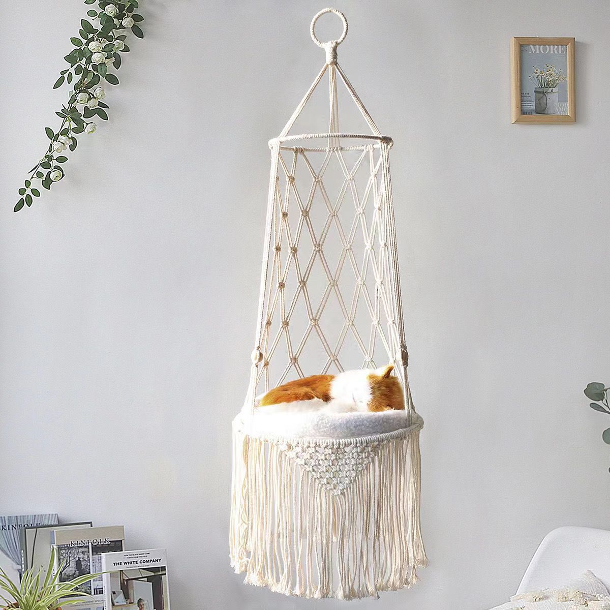 Woven Wall Basket - 冬の猫用窓際パーチ、手編みロープ付き壁掛け猫用ハンモック、折りたたみ式室内猫用ベッドバスケットスイング