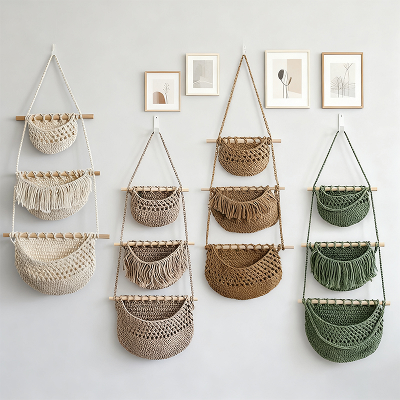Woven Wall Basket - 手織り綿ロープ3段収納ラック、壁掛け＆ドア掛けバスケット、素朴なスタイルの雑多な収納バッグ