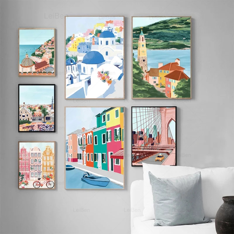 Home Decor Dubai - 漫画の有名な都市の風景旅行ポスターとプリントローマドバイ東京キャンバス絵画家庭用 Cuadros 装飾写真