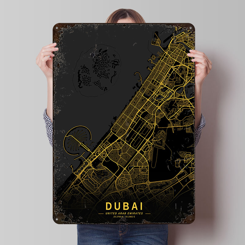 Home Decor Dubai - ゴールデン・ドバイ・シティマップメタルポスター、カスタマイズされたウォールアート、レトロヴィンテージブリキ看板、部屋の装飾、家の装飾、ゲーム用