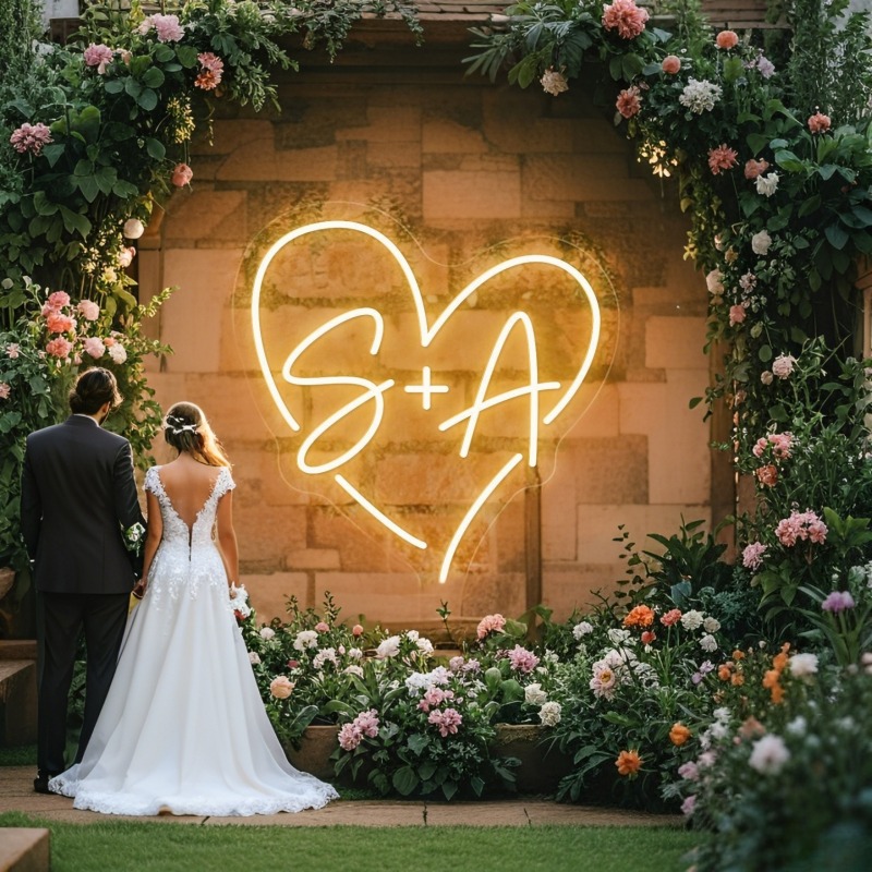 Neon Sign Led Custom - カスタムイニシャルハートLEDネオンサイン、結婚式パーティーの背景、家の壁の装飾、カップルへのギフト用のパーソナライズされたネームネオンライト