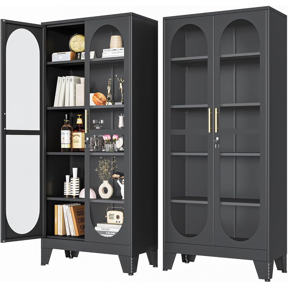H&M Home Decor - 71インチ高さのガラス扉付きロック式ディスプレイキャビネット、金属製キュリオキャビネット（4段調節可能な棚付き）、背の高いリキュールキャビネットディスプレイケースまたはLi