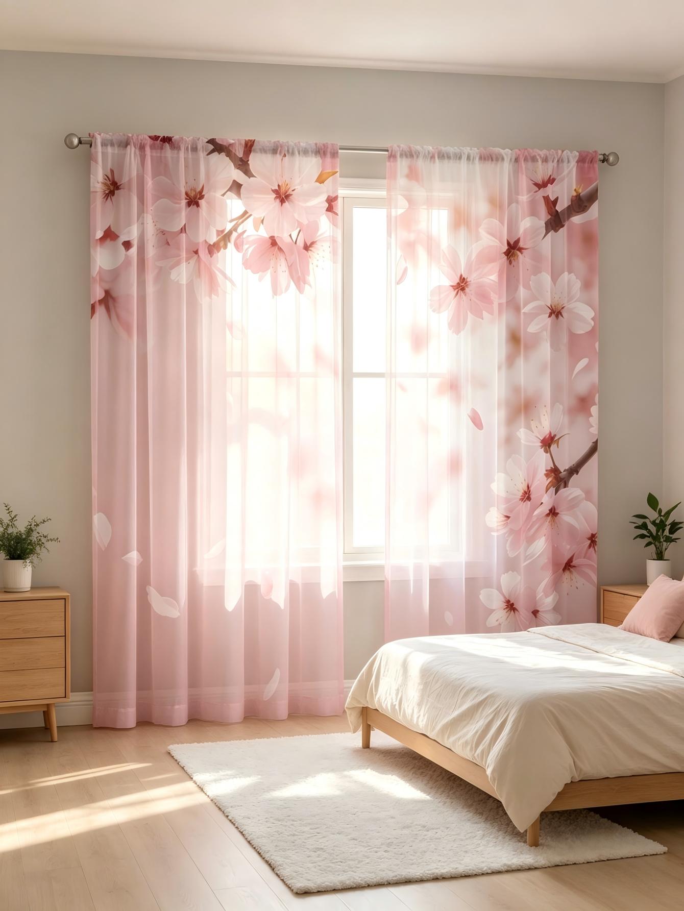 Home Decor Wall Panels - 2枚組デジタルプリントシアーカーテン、ソフトピンク桜柄ウィンドウドレープ、リビングルーム、寝室、家の装飾用