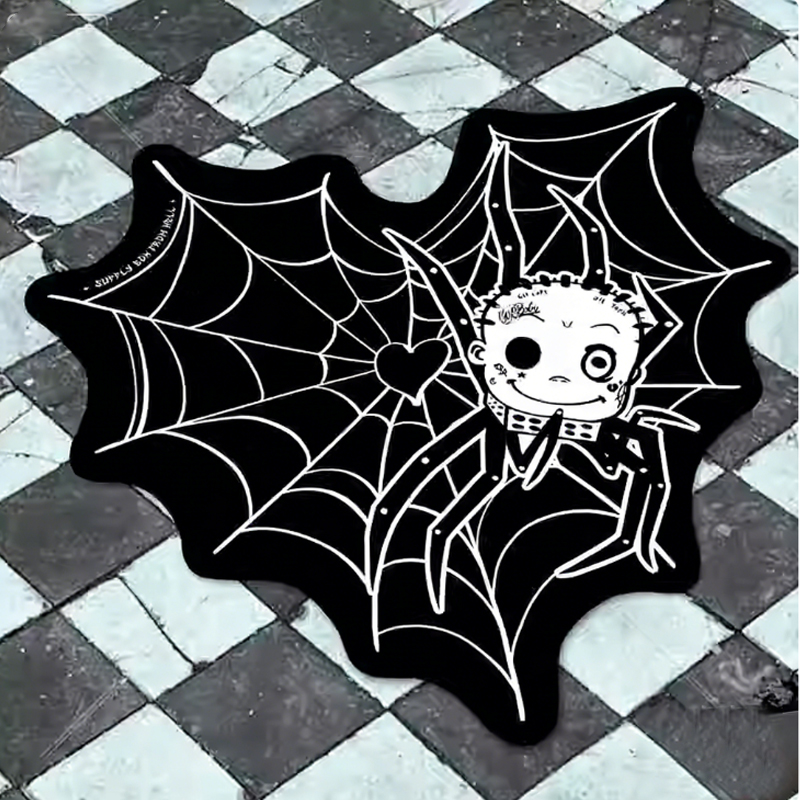 Home Decor Y2K - ダーク Y2k ゴスパンク クリスタルベルベット スパイダーウェブ ラグ