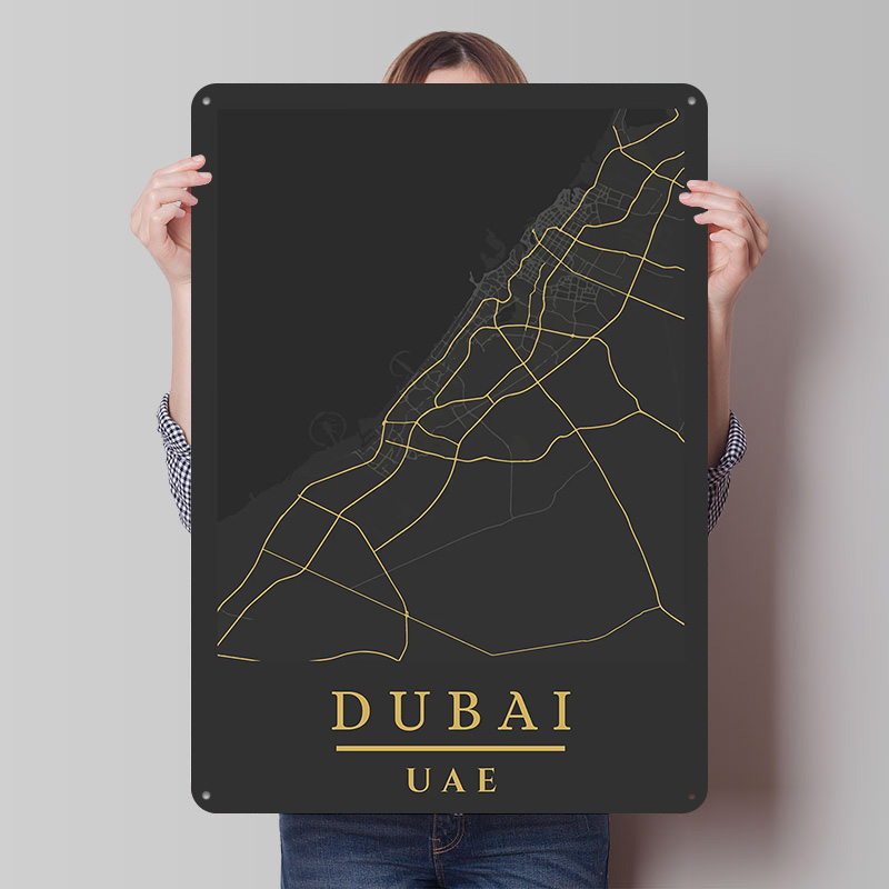 Home Decor Dubai - ドバイUAE地図アートプリントポスター、カスタマイズされたレトロウォールアート、ヴィンテージメタルティンサイン、家の寝室の装飾、ゲームデスクの装飾に