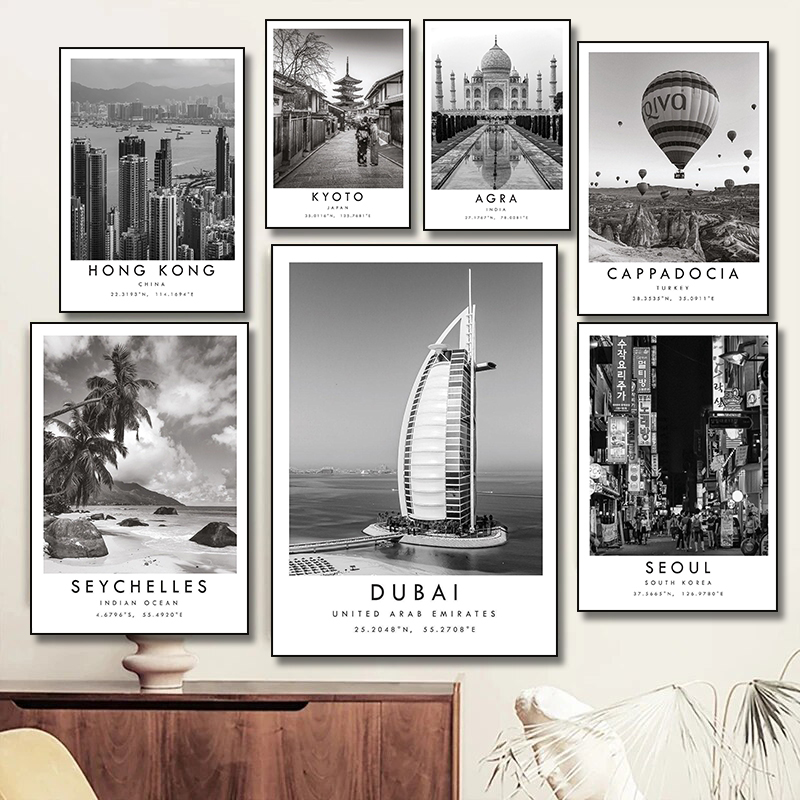 Home Decor Dubai - 黒白旅行都市ポスタードバイソウル香港トルコ東京プリントキャンバス絵画ウォールアート写真リビングルーム家の装飾