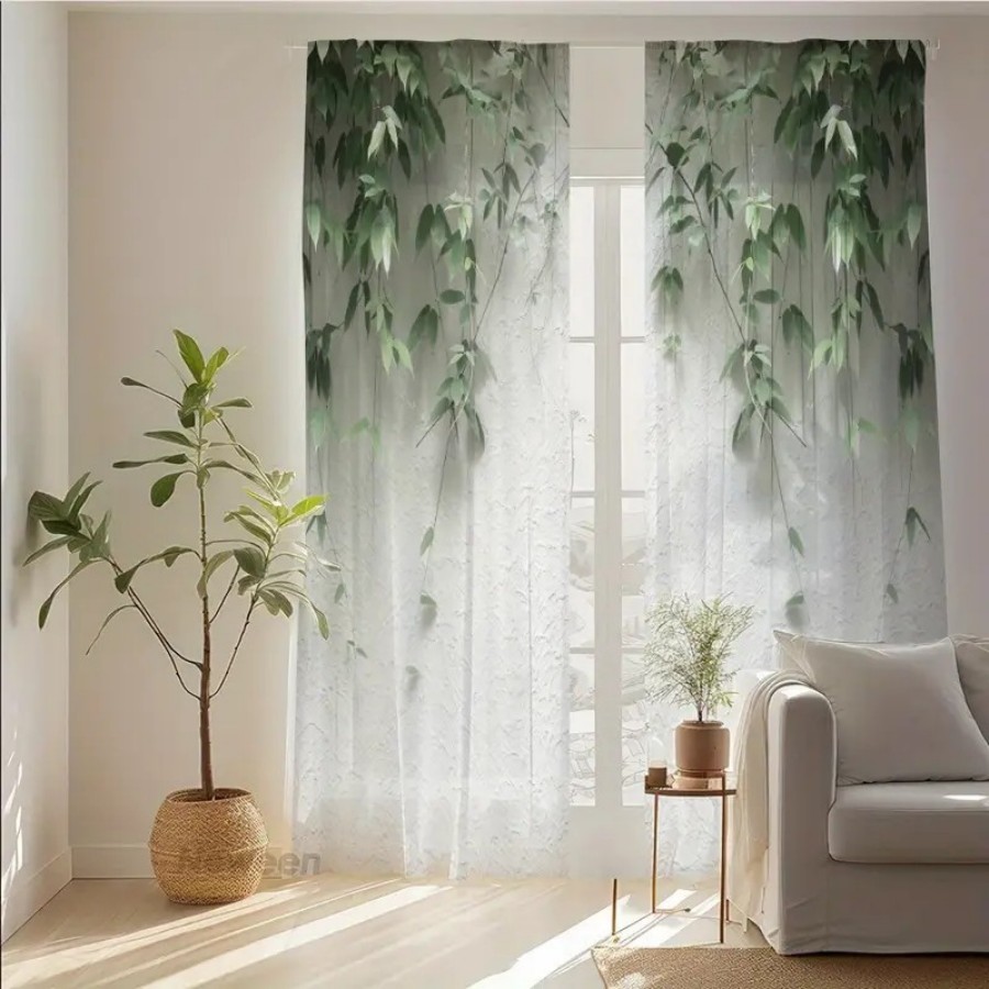 Home Decor Wall Panels - 2枚組デジタルプリントシアーカーテン、緑の葉と白い壁のミニマリストボタニカル柄ウィンドウドレープ、リビングルーム、寝室、家の装飾に