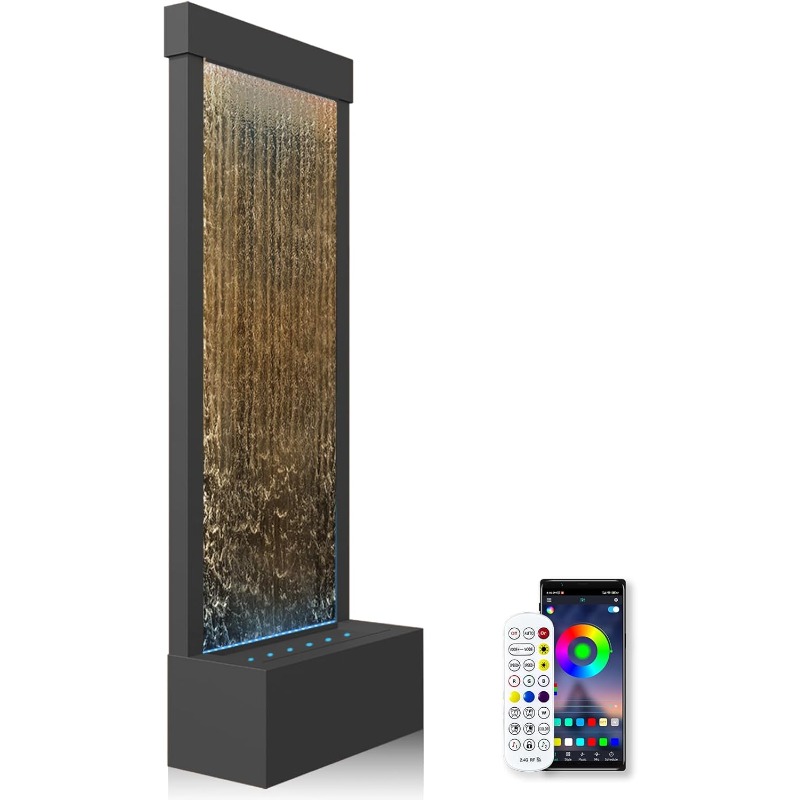 Home Decor App - APP制御の多色LEDライト付き、モダンでシンプルな床置き型室内滝噴水、自宅やオフィスの装飾に最適