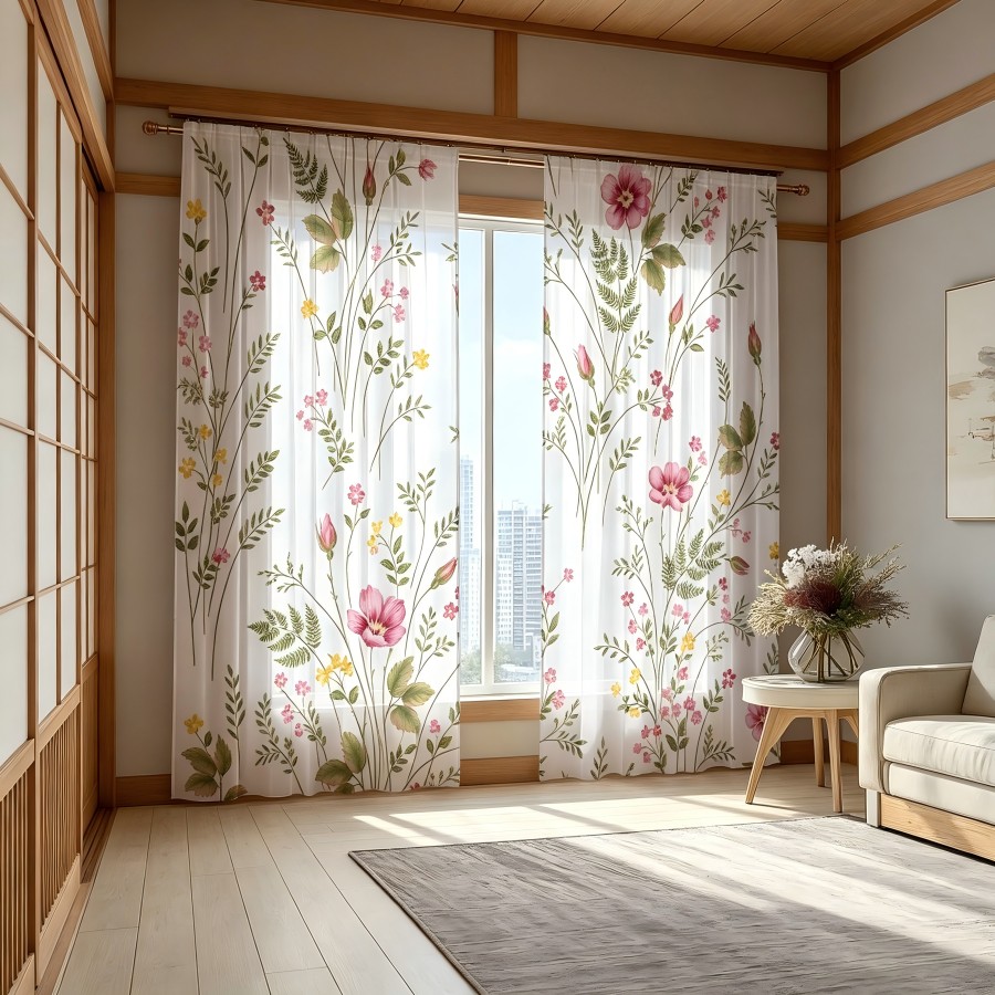 2枚組 デジタルプリント シアーカーテン、ピンクと黄色の小花 - Home Decor Yellow のレビューと価格