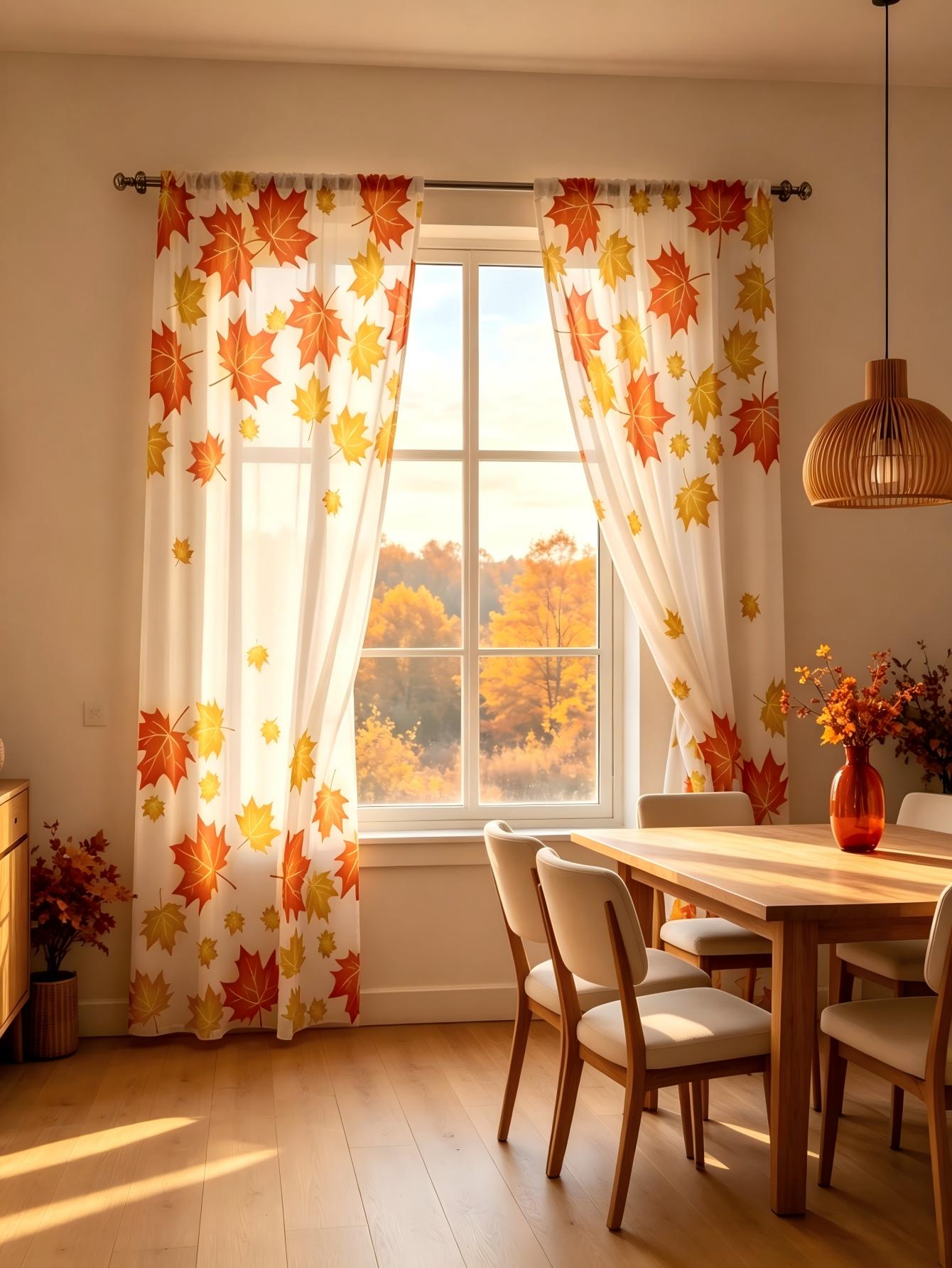 2枚組デジタルプリントシアーカーテン、オレンジイエローメープ - Home Decor Yellow のレビューと価格