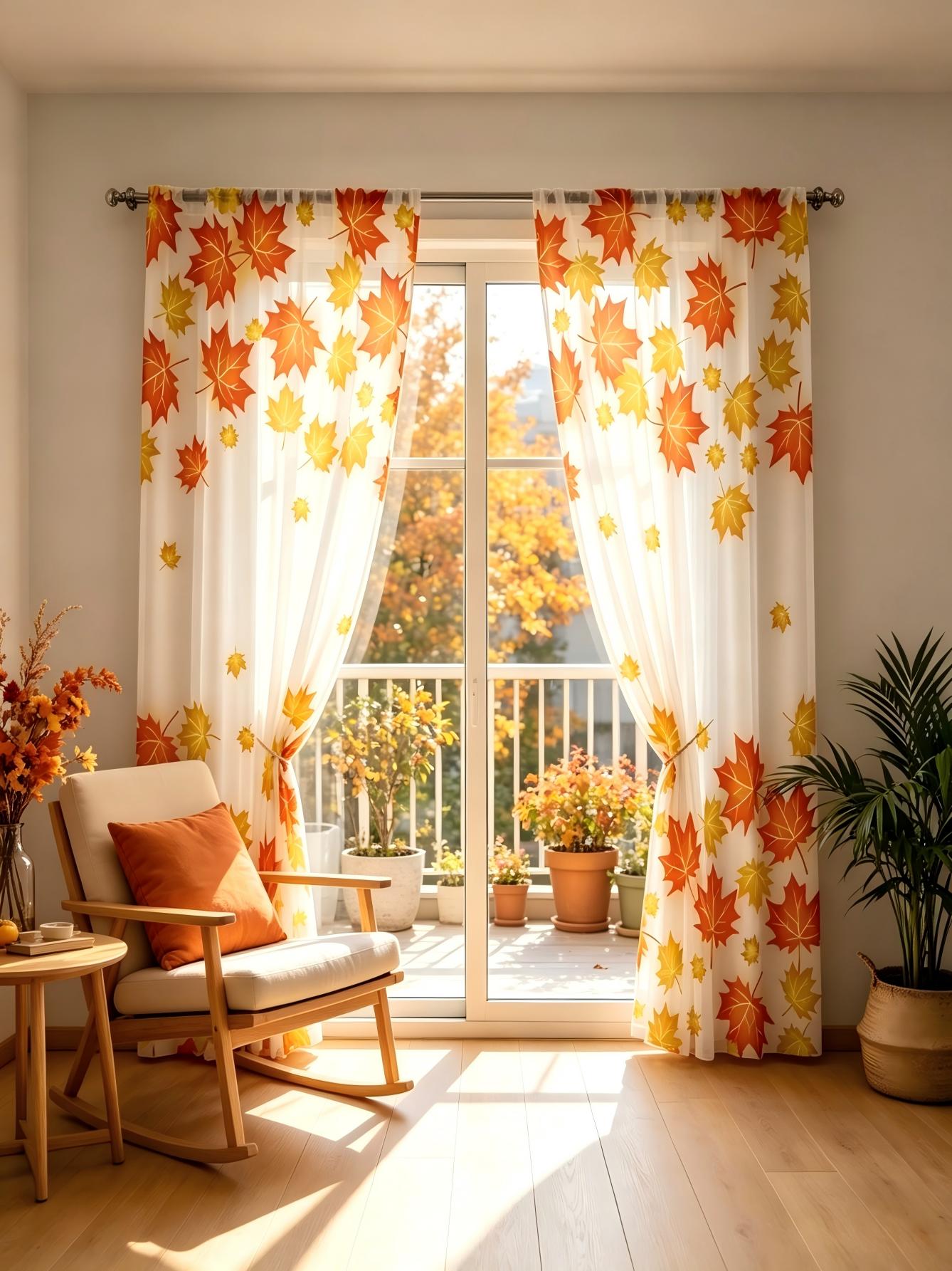 2枚組デジタルプリントシアーカーテン、オレンジイエローメープ - Home Decor Yellow のレビューと価格