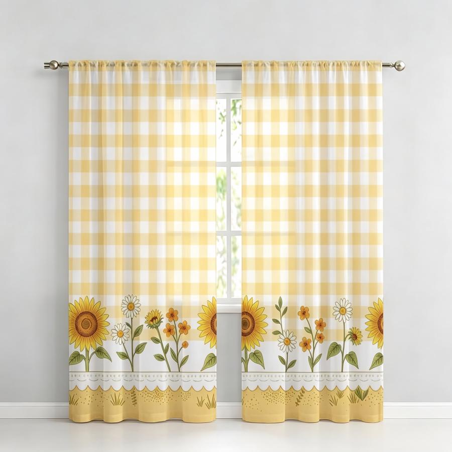 2枚組デジタルプリントシアーカーテン、黄色の格子柄ひまわり柄 - Home Decor Yellow のレビューと価格