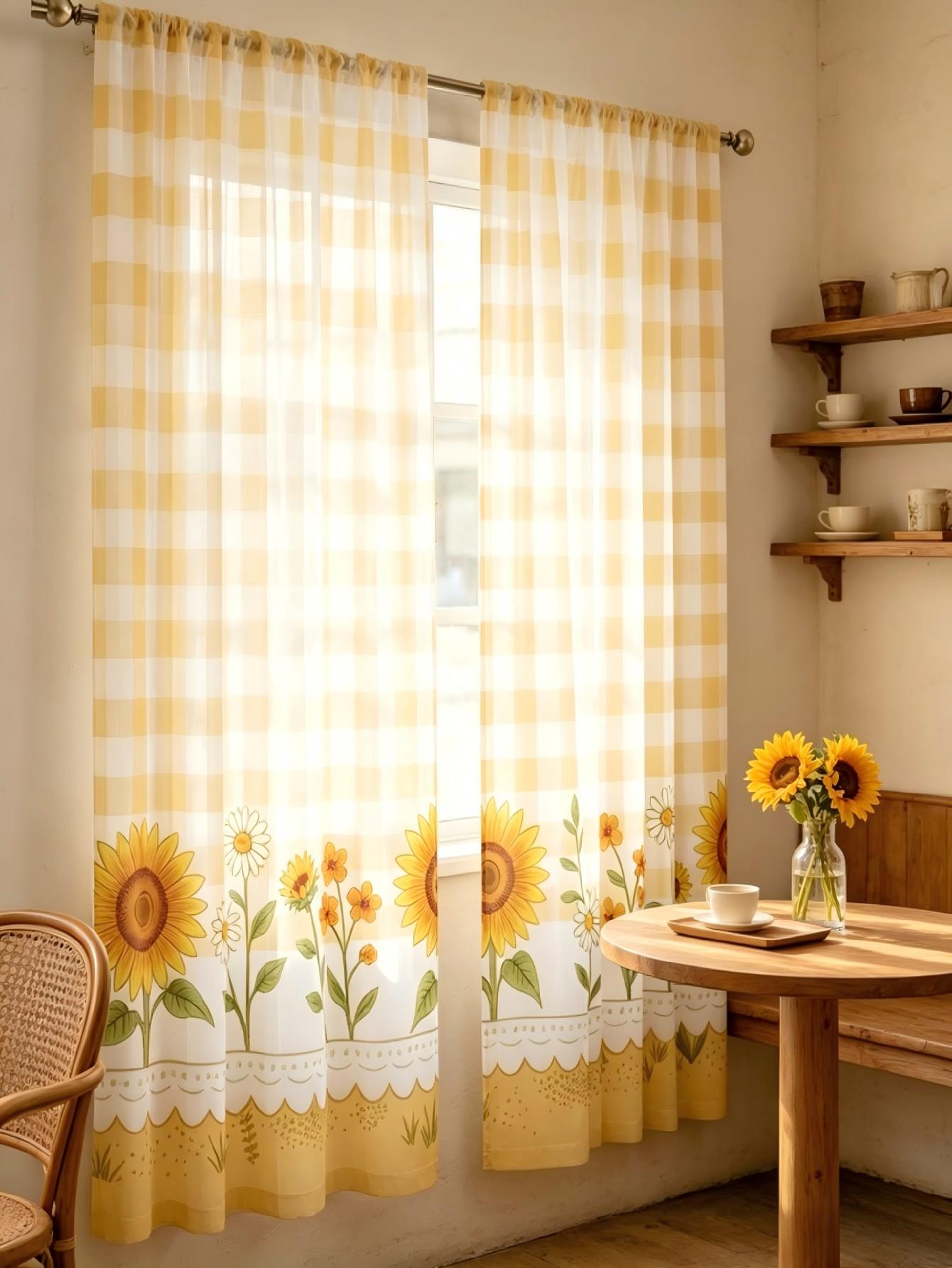 2枚組デジタルプリントシアーカーテン、黄色の格子柄ひまわり柄 - Home Decor Yellow のレビューと価格