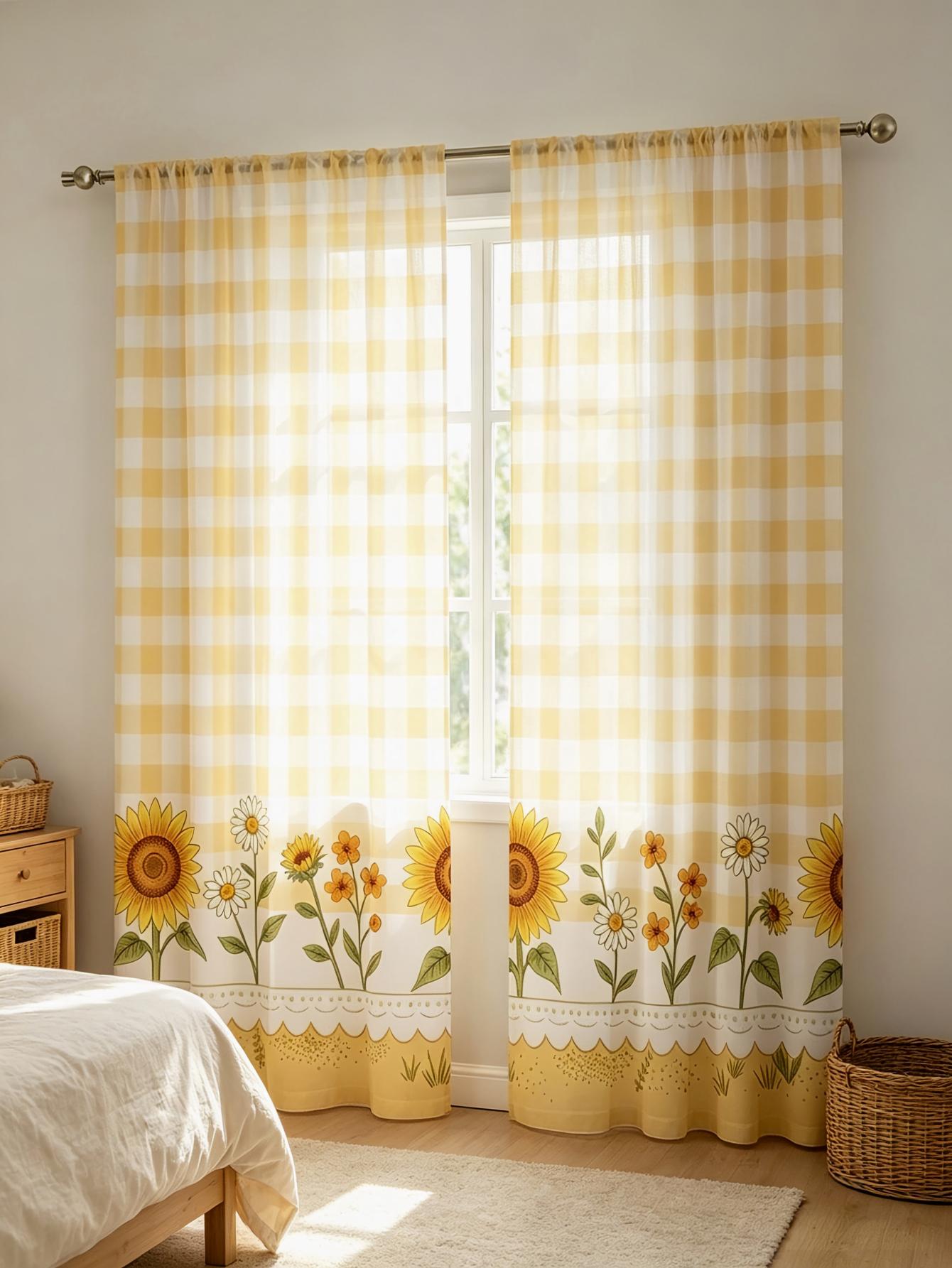 2枚組デジタルプリントシアーカーテン、黄色の格子柄ひまわり柄 - Home Decor Yellow のレビューと価格