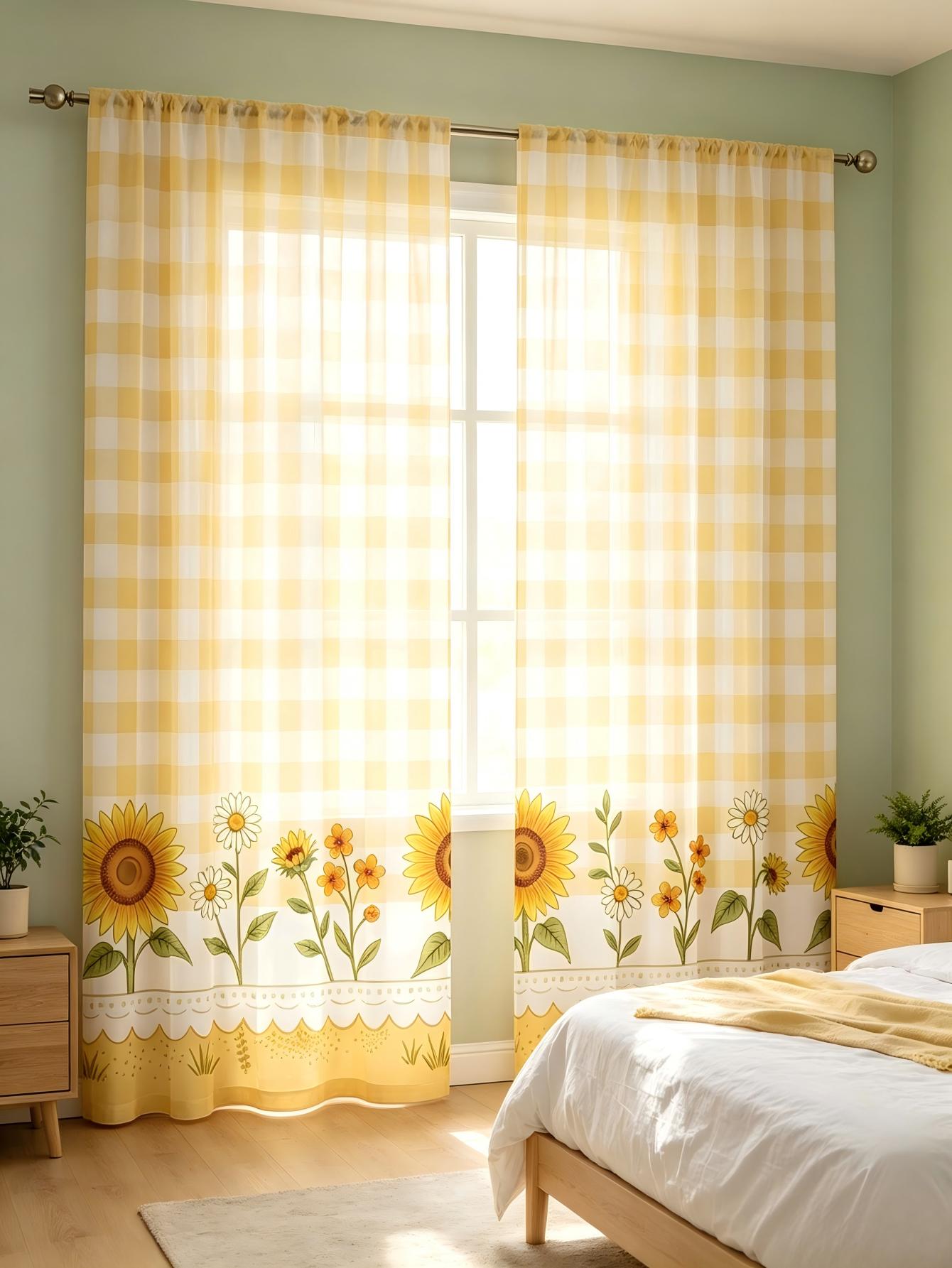 2枚組デジタルプリントシアーカーテン、黄色の格子柄ひまわり柄 - Home Decor Yellow のレビューと価格