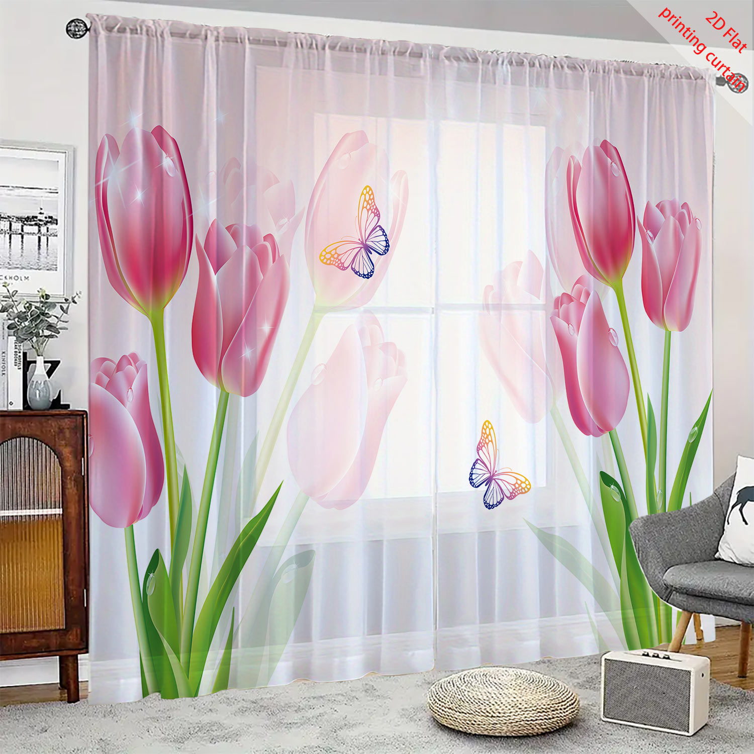 ピンクのチューリップ柄の透明ガーゼカーテン、ロマンチックな家 - Home Decor Tulip のレビューと価格