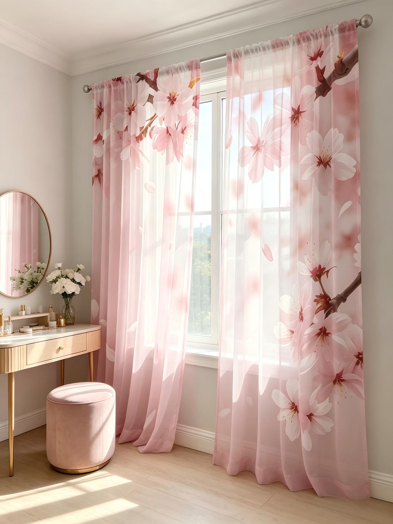 2枚組デジタルプリントシアーカーテン、ソフトピンク桜柄ウィン - Home Decor Wall Panels のレビューと価格