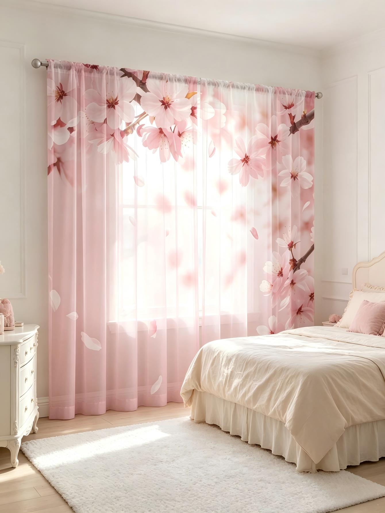 2枚組デジタルプリントシアーカーテン、ソフトピンク桜柄ウィン - Home Decor Wall Panels のレビューと価格