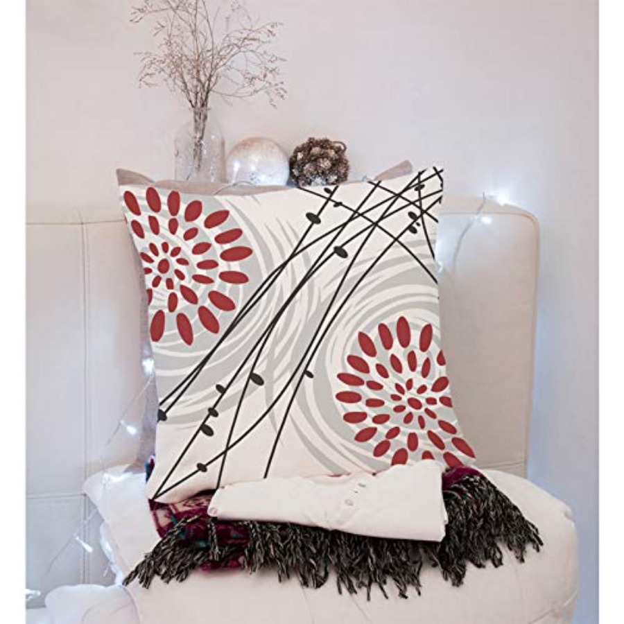 スローピローカバー ブラック ボールドレッド 花柄デザイン  - Decorative Throw Pillow のレビューと価格