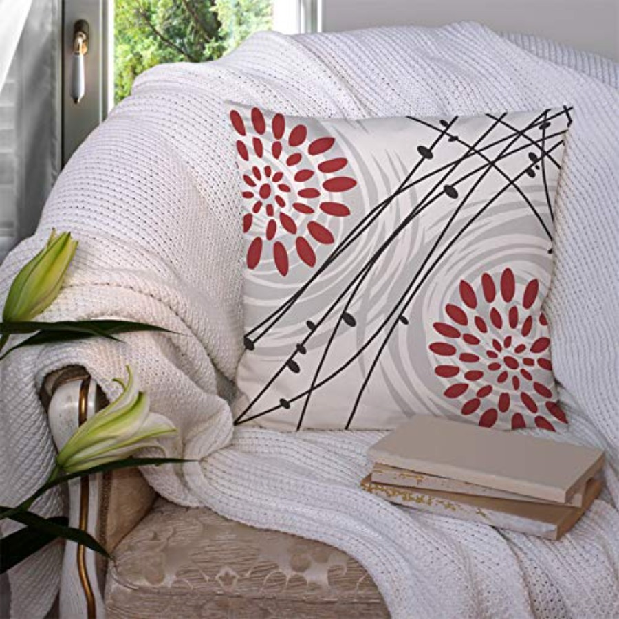 スローピローカバー ブラック ボールドレッド 花柄デザイン  - Decorative Throw Pillow のレビューと価格