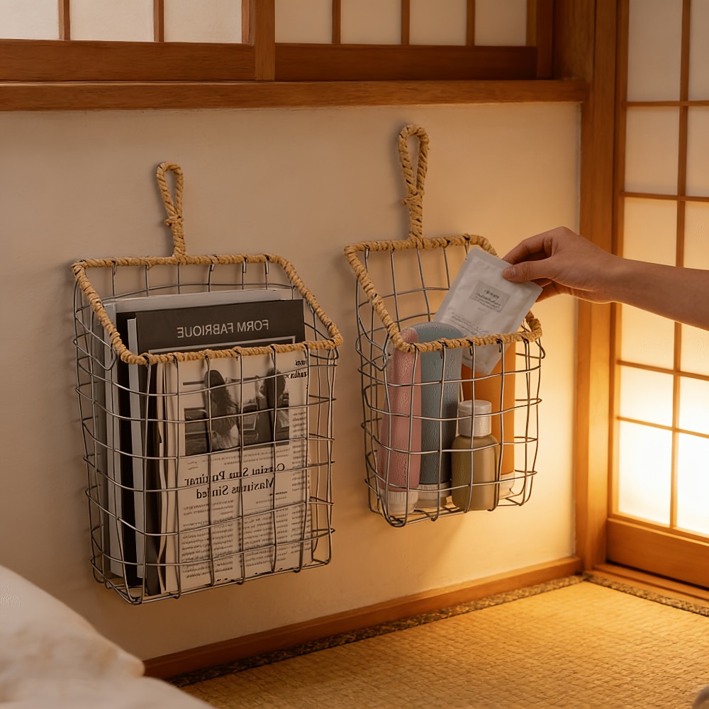 素朴な編み込みワイヤーハンギング収納バスケット、コットンロー - Woven Wall Basket のレビューと価格